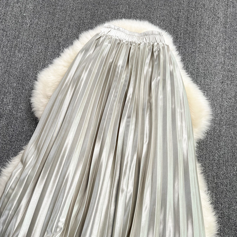 Versatile acetate SATIN HIGH WAIST slim pleated skirt  11296