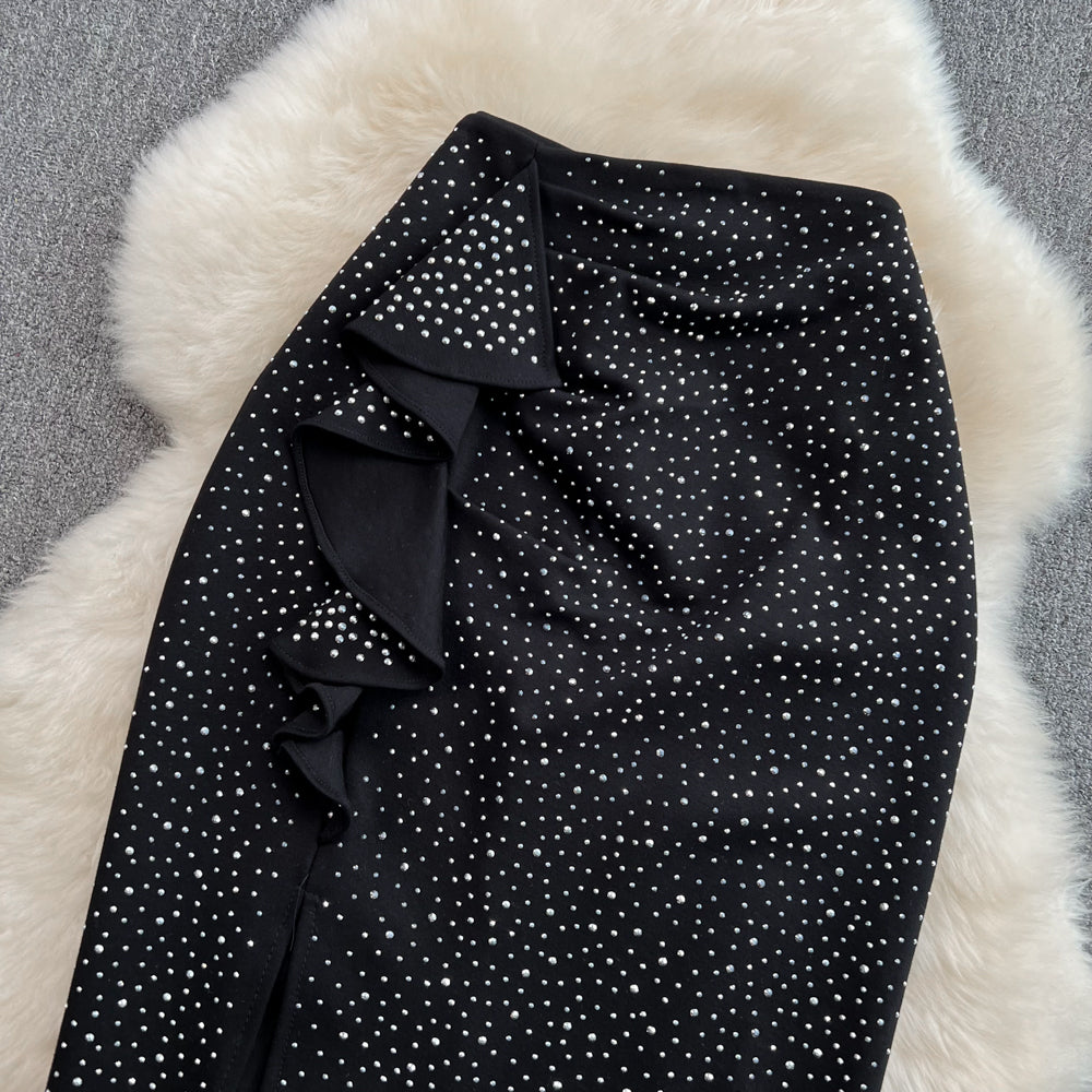 High waist slim diamond ruffled irregular A-line skirt  11277