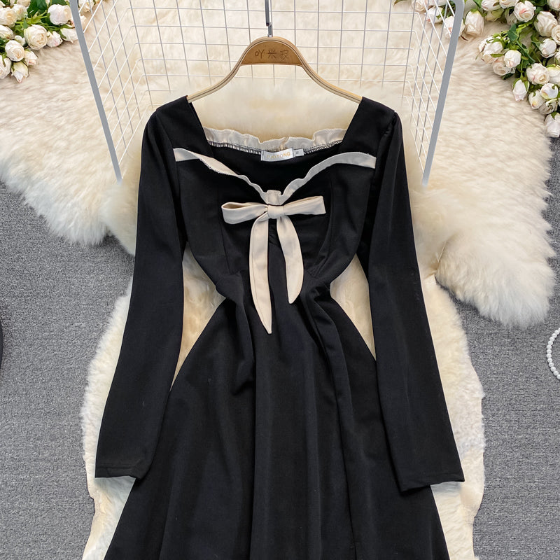 Schwarzes A-Linien-Kleid mit langen Ärmeln A-Linien-Modekleid 10953