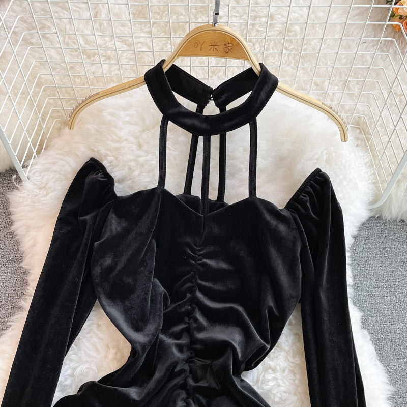 Black Velvet Long Sleeve Dress Fashion Dress  10936