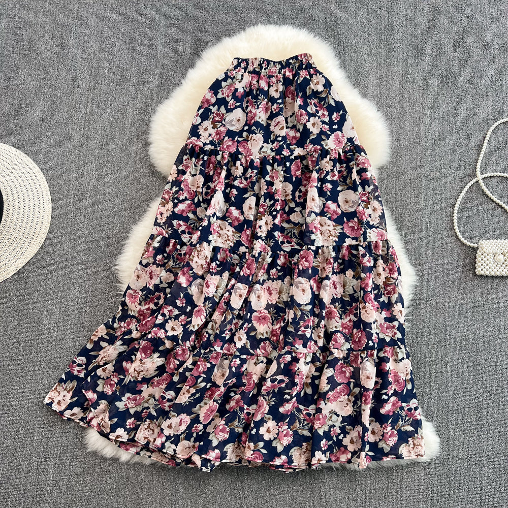 Small fresh high waist thin medium long floral skirt  11290