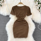 Spice Girl round neck chest hollowed out elastic tight drawstring short Hip Wrap Dress  10970