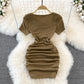 Design sense long sleeve slim fit wrinkled short Hip Wrap Dress  11038