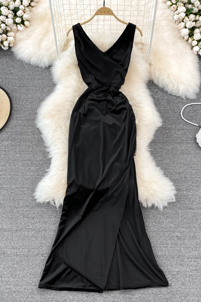 V-Ausschnitt sexy Kleid hohe Taille schmales ärmelloses Hüftwickelkleid langes Kleid 11054