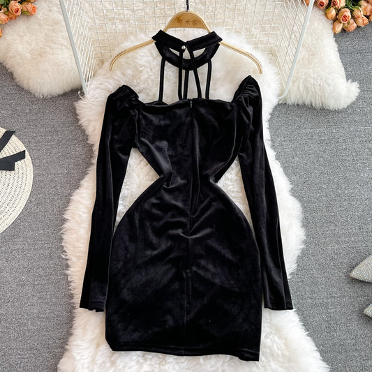 Black Velvet Long Sleeve Dress Fashion Dress  10936