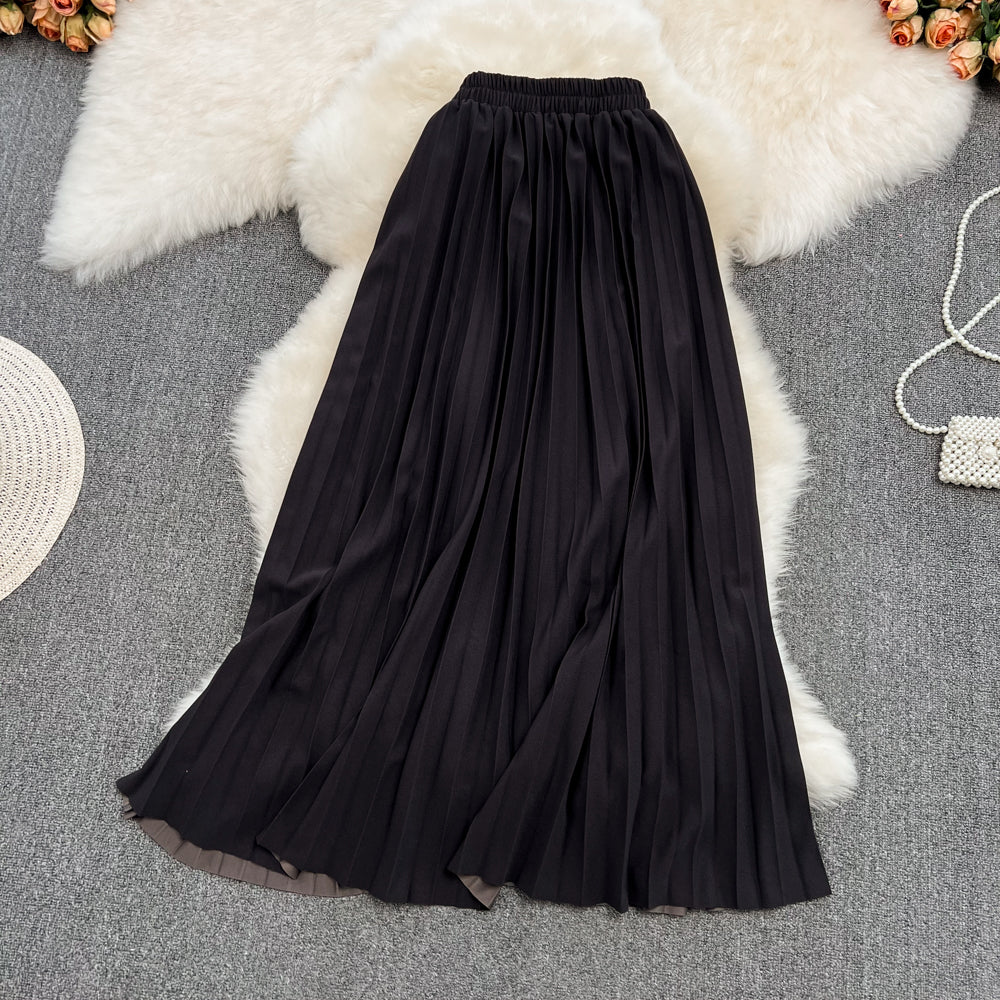 Versatile A-line pleated skirt, elastic waist, medium length, over Knee Skirt  11291