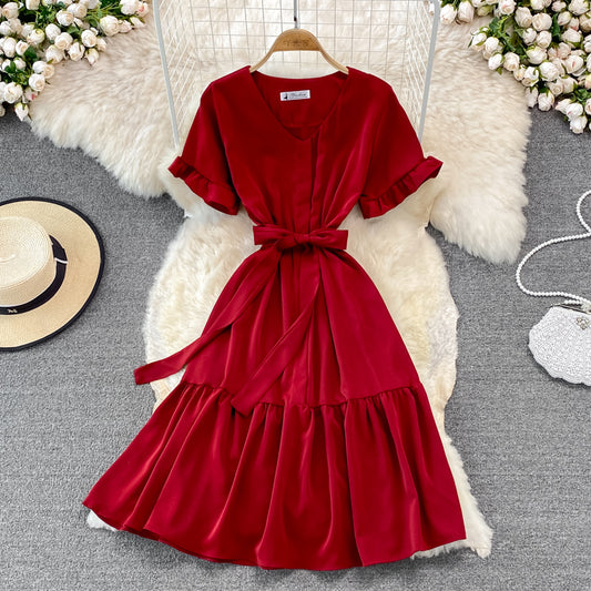 Süßes kurzes Kleid mit V-Ausschnitt A-Linie Modekleid 10901