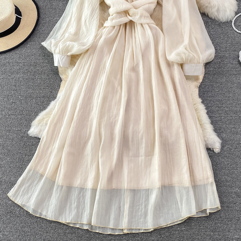 Champagne V Neck Long Sleeve Dress Fashion Dress  10894