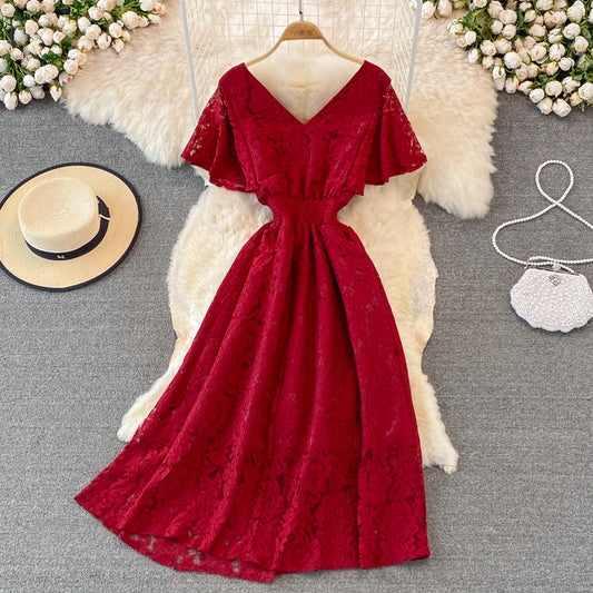 Süßes A-Linien-Kleid mit V-Ausschnitt, modisches Kleid 10919