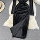 Schwarzes Samtkleid mit langen Ärmeln Modekleid 10929