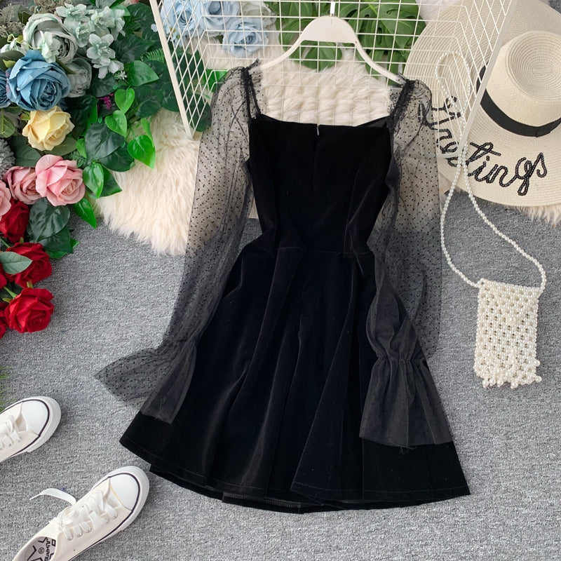 Black Velvet Short Dress Black Fashion Dress  10941