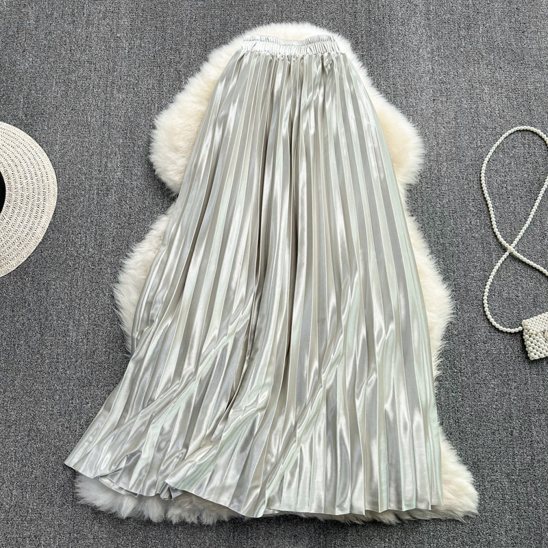 Versatile acetate SATIN HIGH WAIST slim pleated skirt  11296