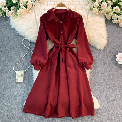 Sweet Long-Sleeved Corduroy Dress A Line Fashion Dress  10956