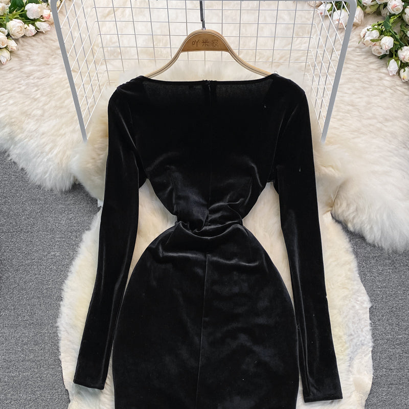 Black Velvet Long Sleeve Dress Sexy Dress  10948