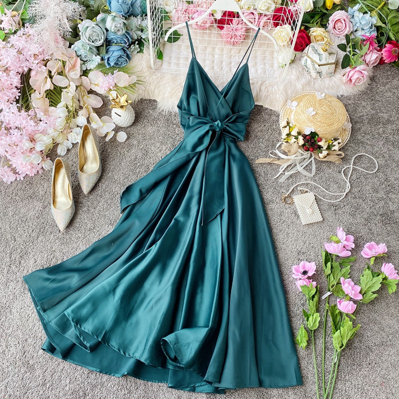 Elegant V Neck Satin A Line Dress Fashion Dress  10857