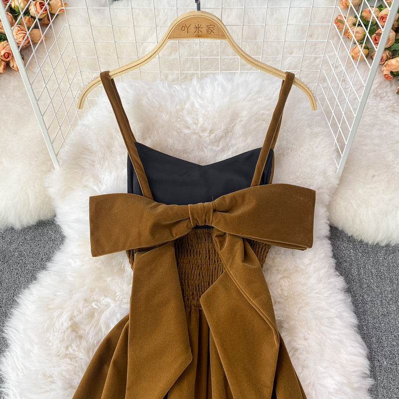Cute Bow Velvet Backless Dress Fashion Dress  10848