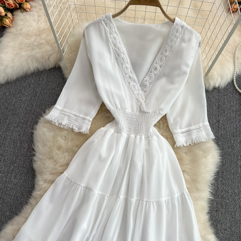 Süßes Kleid mit Fransen und V-Ausschnitt A-Linie Modekleid 10814