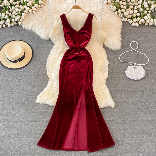Sexy V-Ausschnitt Samt Langes Kleid Modekleid 10782 
