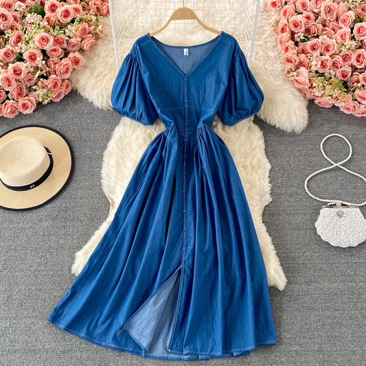 Einfaches Jeanskleid mit V-Ausschnitt A-Linie Modekleid 10836