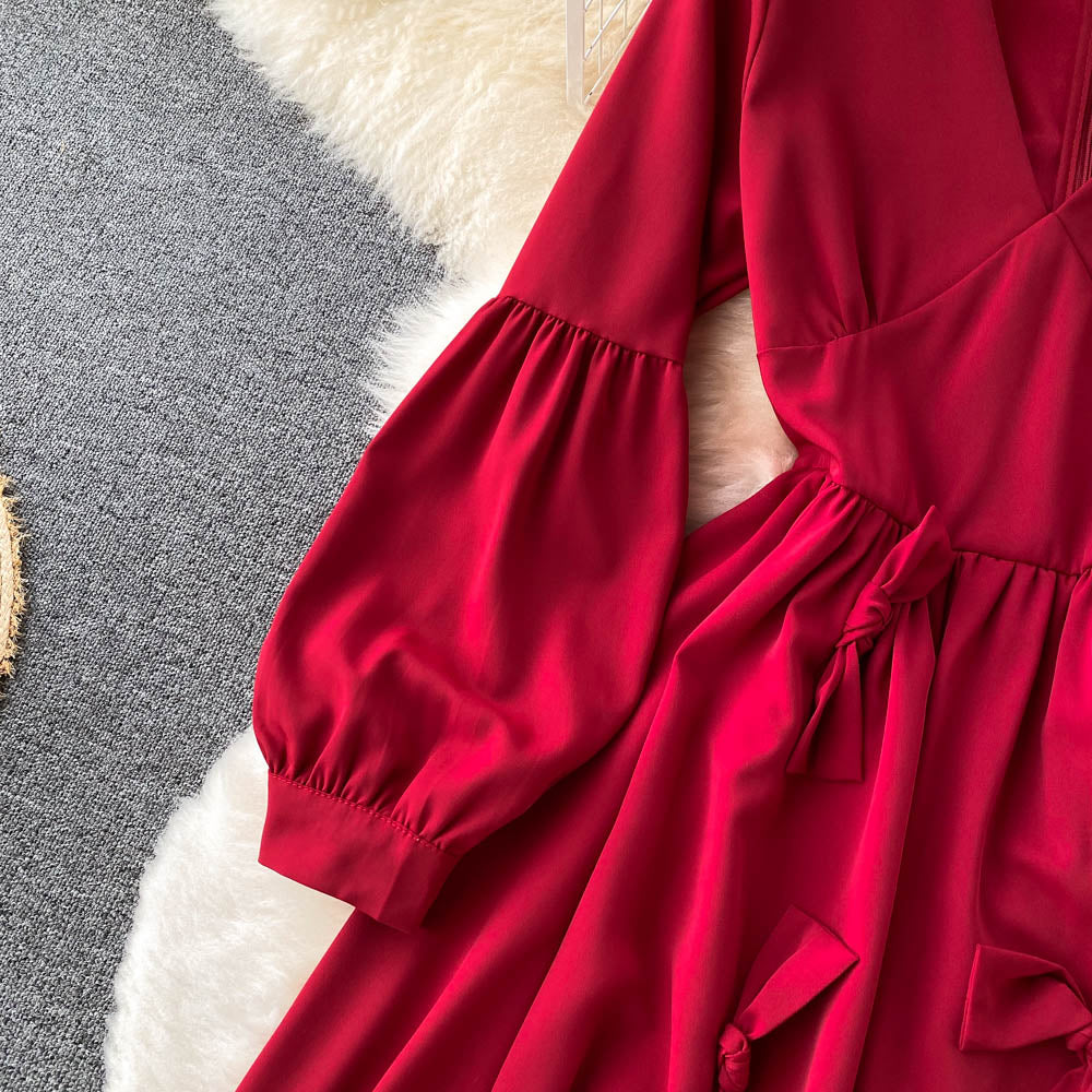 Cute V Neck Long Sleeve Dress A Line Fashion Dress  10850
