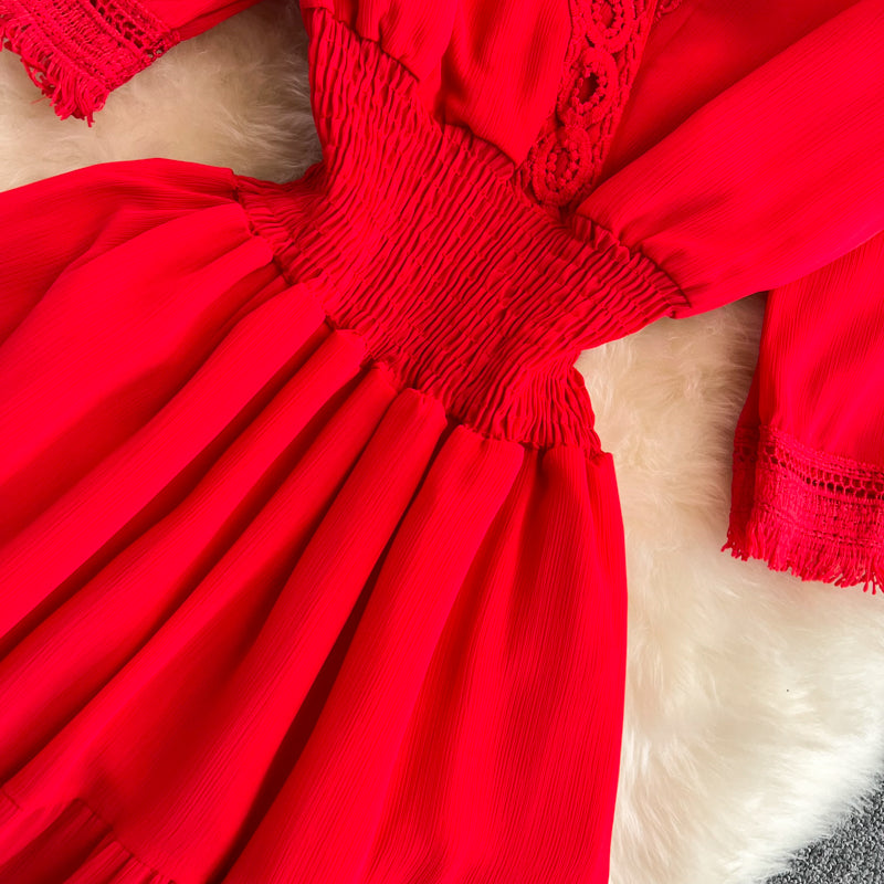 Süßes Kleid mit Fransen und V-Ausschnitt A-Linie Modekleid 10814