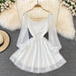 White V Neck Short Dress A Line Long Sleeve Dress  10819