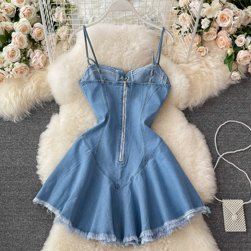 Cute Lace-Up Denim Dress A Line Fashion Dress  10733