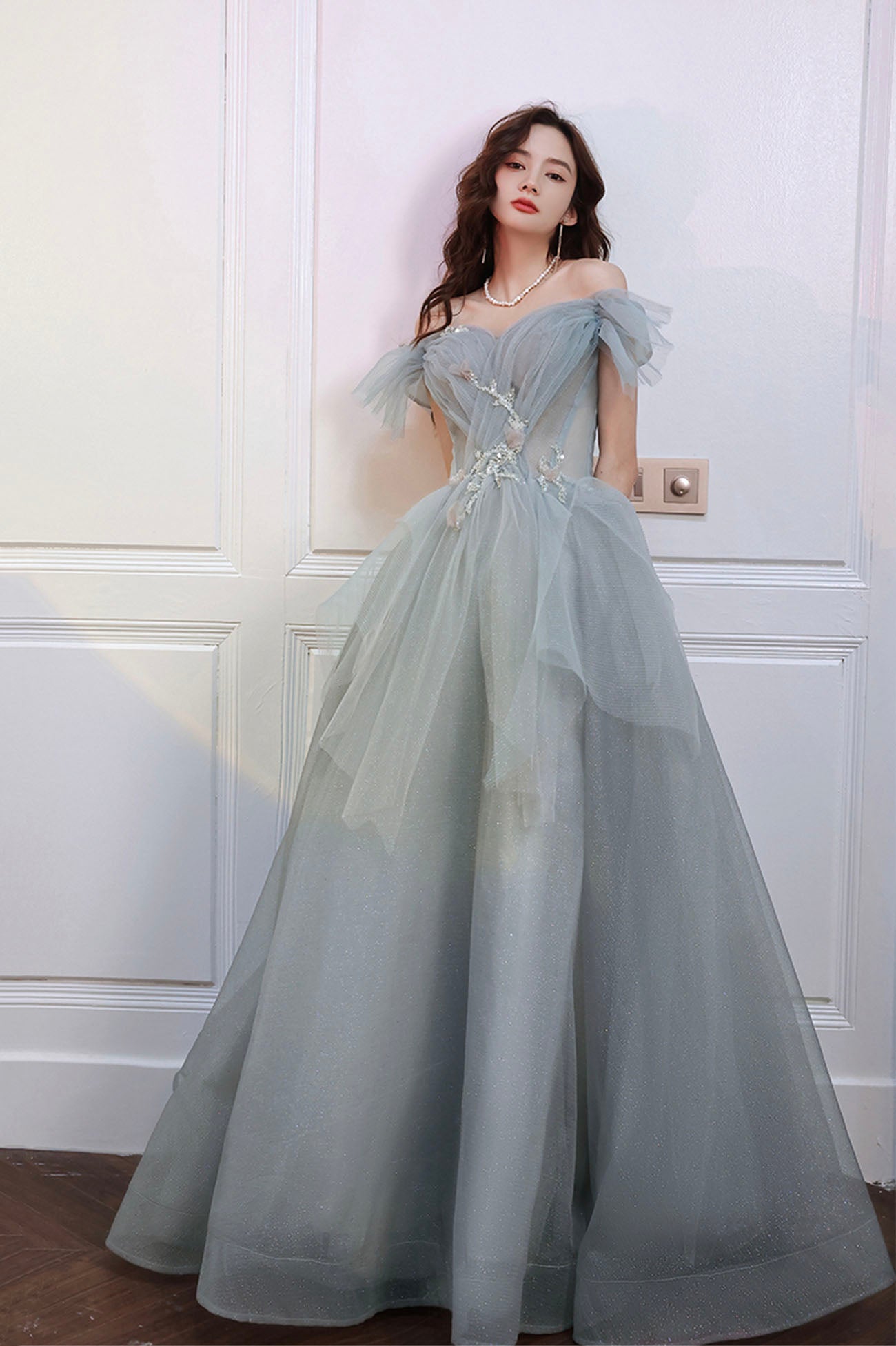 Robe de soirée longue en tulle gris à paillettes Robe de soirée trapèze 10646