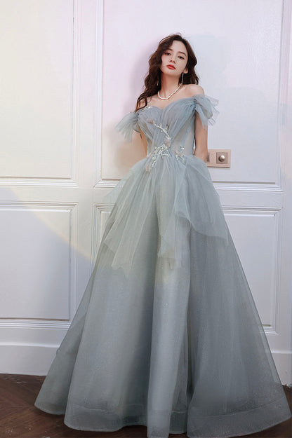 Robe de soirée longue en tulle gris à paillettes Robe de soirée trapèze 10646