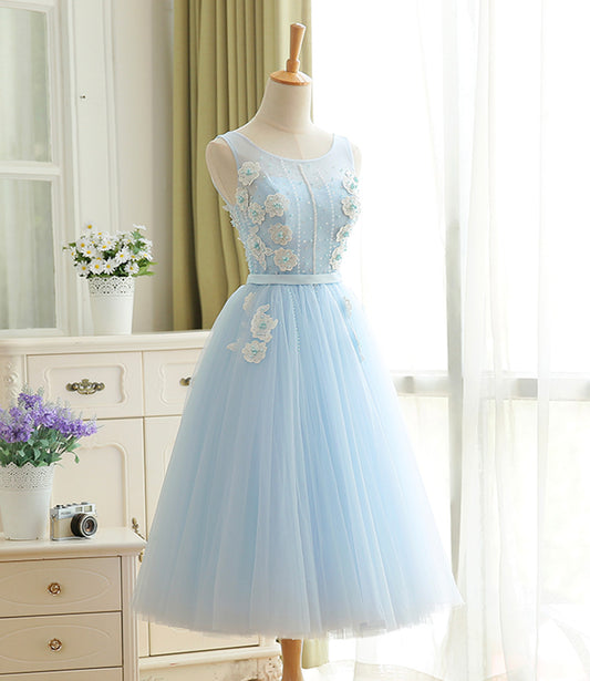 Robe de bal courte en tulle bleu et dentelle Robe de soirée trapèze 10577