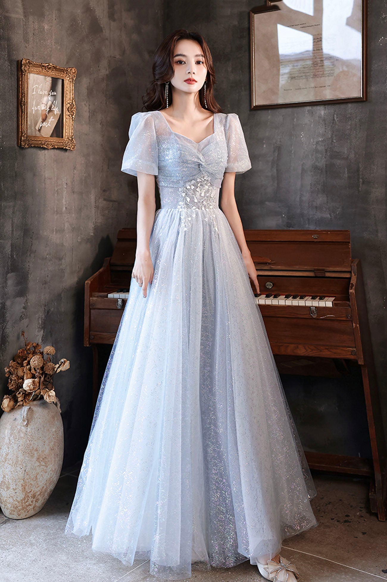 Cute tulle beads long prom dress blue evening dress  10596