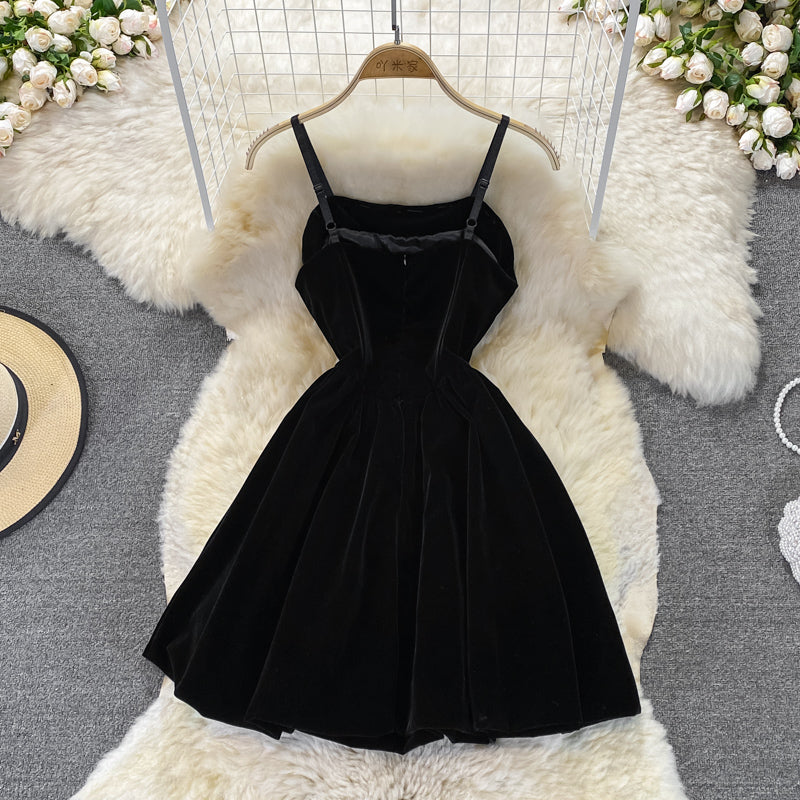 Black Velvet Short Dress Black Fashion Dress  10711