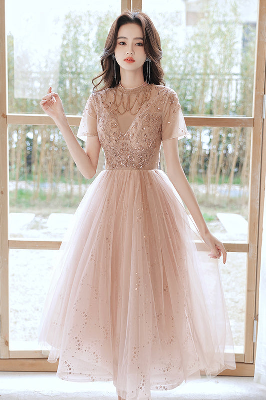 Cute tulle beads short prom dress A line party dress  10519