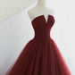 Burgundy tulle long prom dress A line evening gown  10563