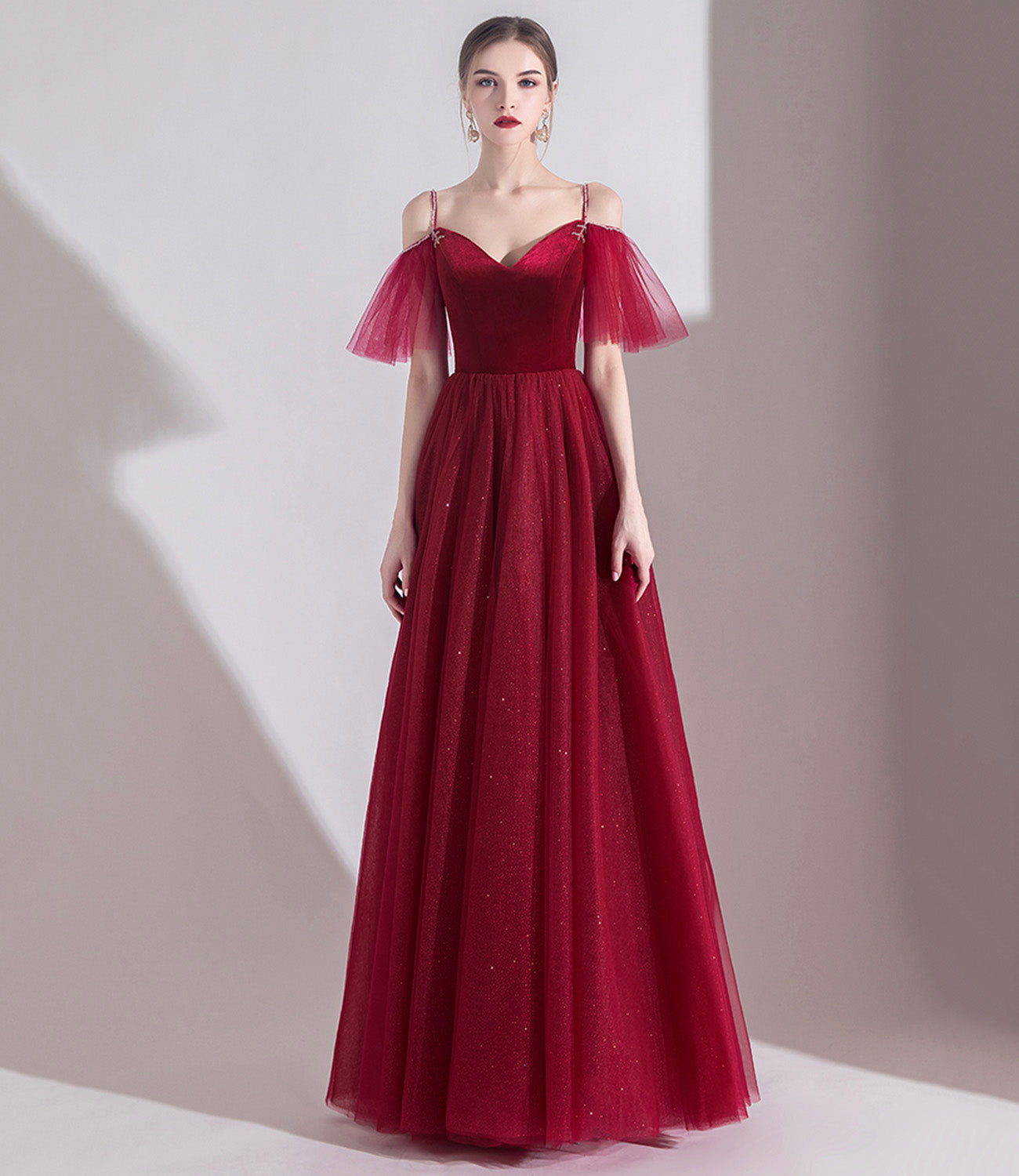 Bugundy velet tulle long prom dress A line evening dress  10553