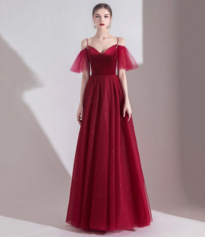 Bugundy velet tulle long prom dress A line evening dress  10553