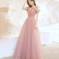 Cute tulle long prom dress pink A line evening dress  10524