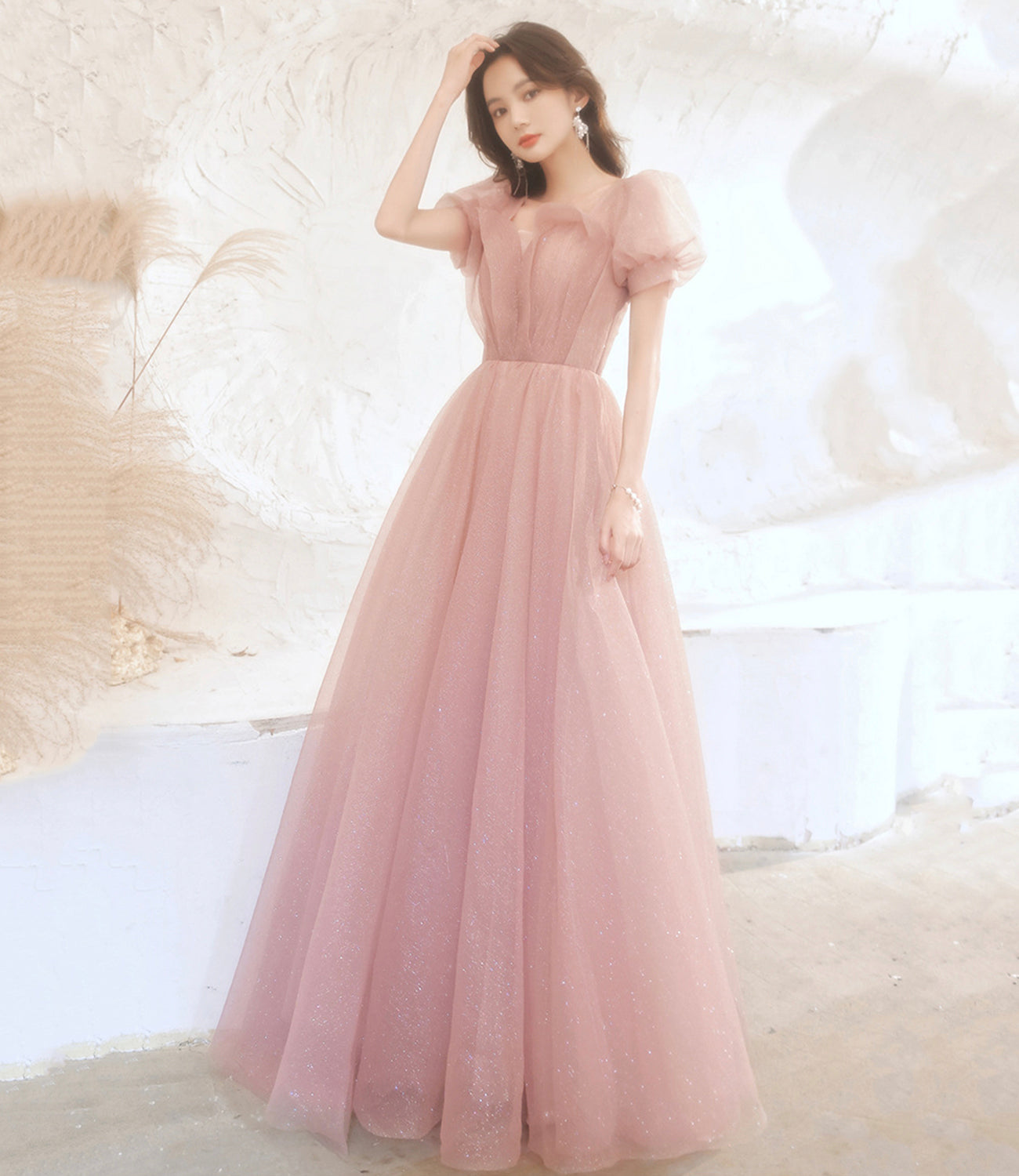 Cute tulle long prom dress pink A line evening dress  10524