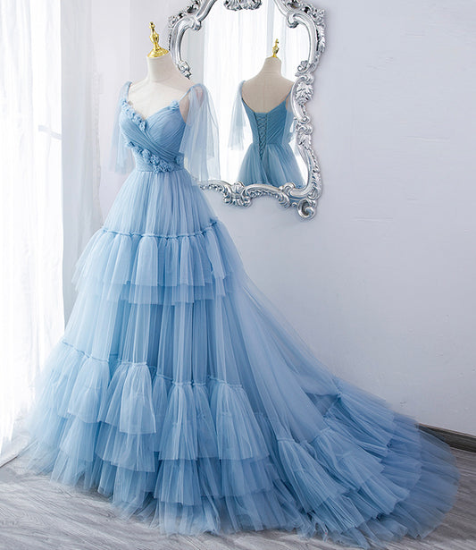 Robe de soirée longue en tulle bleu avec ligne A 10551