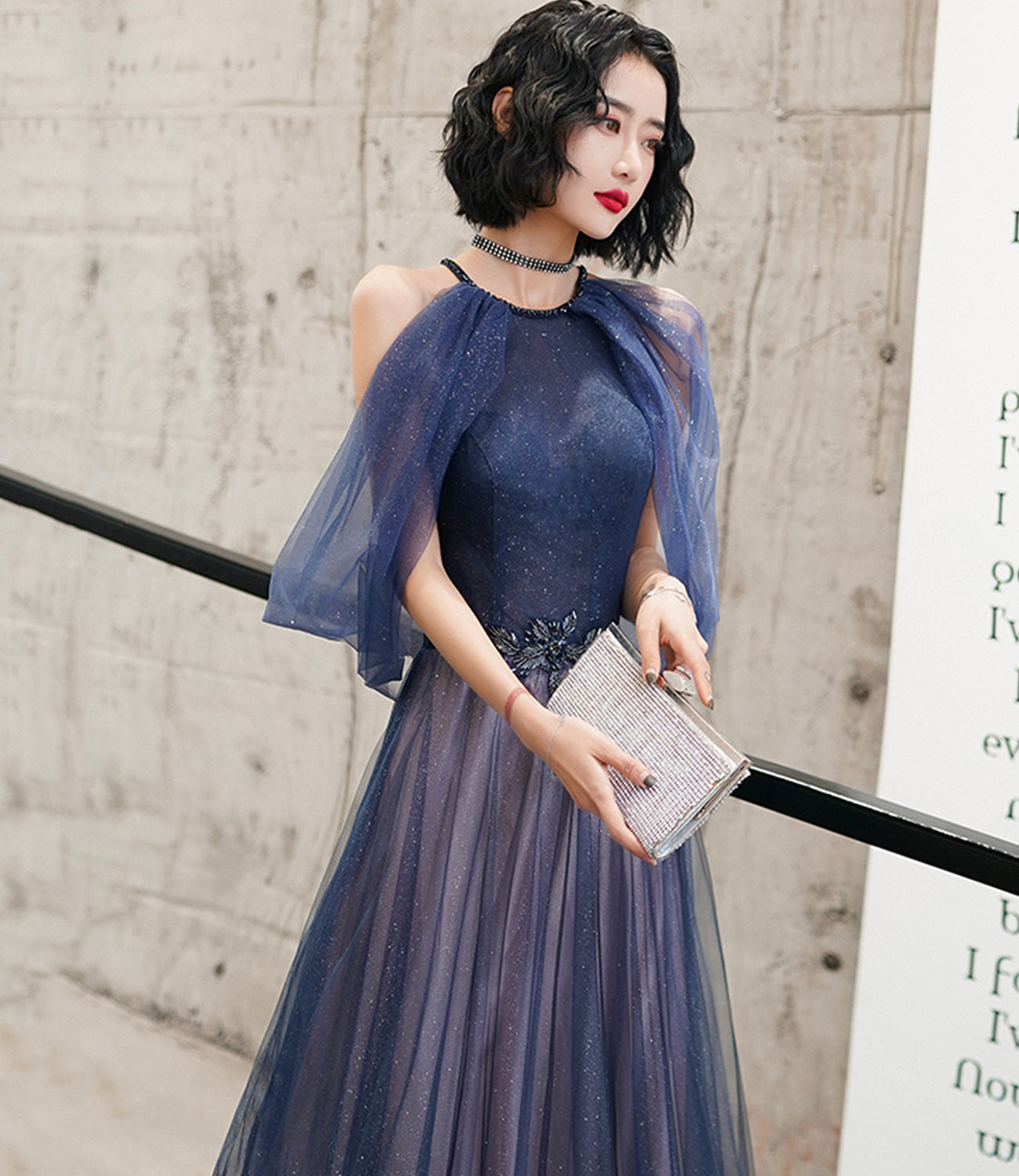 Blue tulle sequins long prom dress blue evening dress  10497