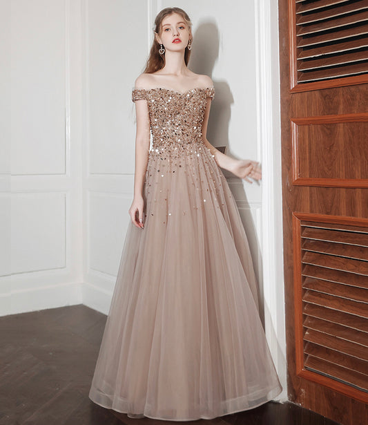 Shiny tulle sequins long prom dress A line evening dress  10576