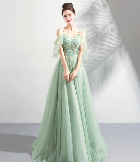 Green tulle lace long prom dress A line evening dress  10575
