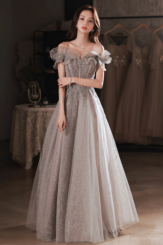 Gray tulle sequins long prom dress A line evening dress  10627