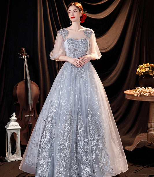 Gray tulle lace long prom dress A line evening gown  10508