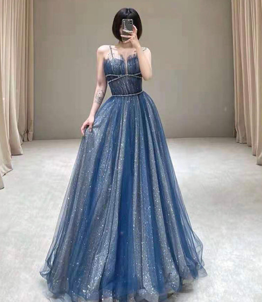Blue tulle sequins long prom dress blue evening dress  10583
