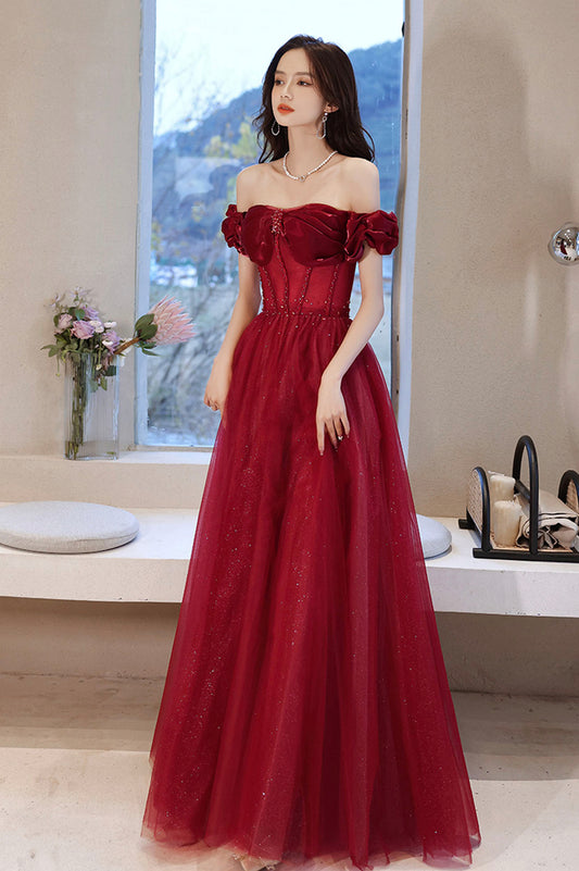Burgundy tulle beads long prom dress evening dress  10584