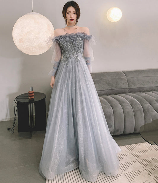 Robe de soirée longue en tulle gris à paillettes Robe de soirée trapèze 10559