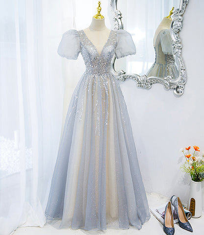 Gray tulle beads long prom dress A line evening gown  10488