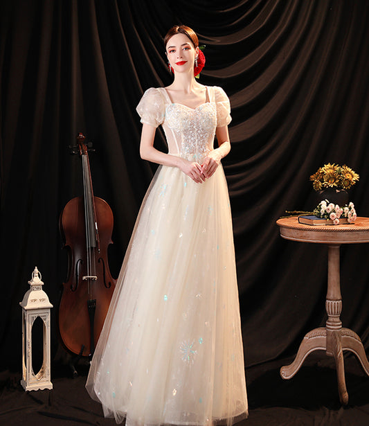 Champagne tulle sequins long prom dress evening dress  10536