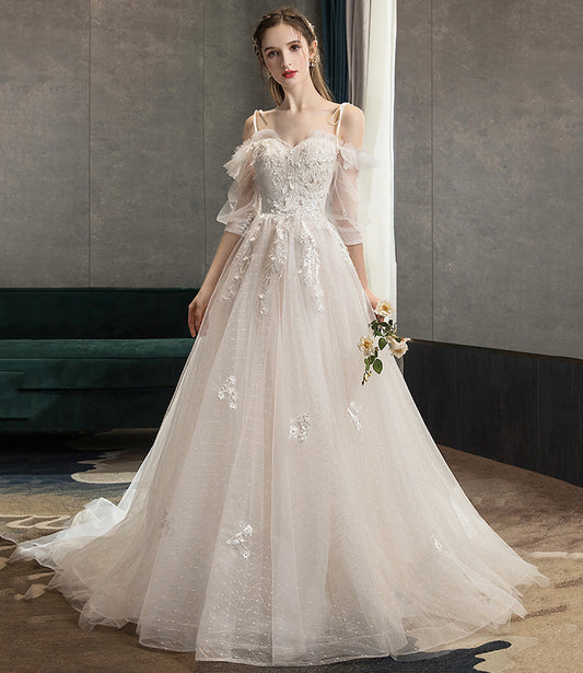 Cute tulle lace long prom dress A line evening dress  10573